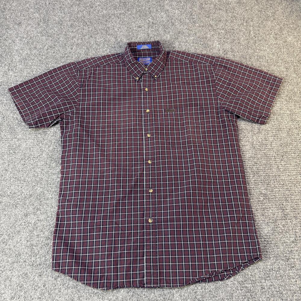 Pendleton Shirt Mens Medium Red Blue Plaid Short Sleeve Button Down Cotton